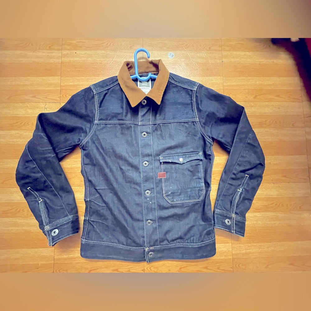 G-Star Dark Blue Denim Jacket with Tan Collar.